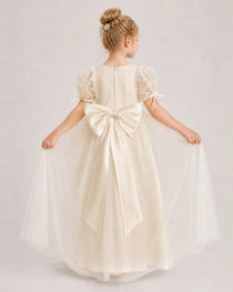 Champagne First Communion Dresses Puff Sleeve Bow Back Tulle Floor-Length Gown Back View