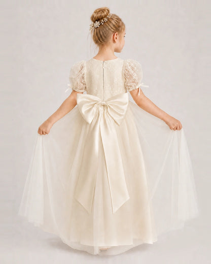 Champagne First Communion Dresses Puff Sleeve Bow Back Tulle Floor-Length Gown Back View