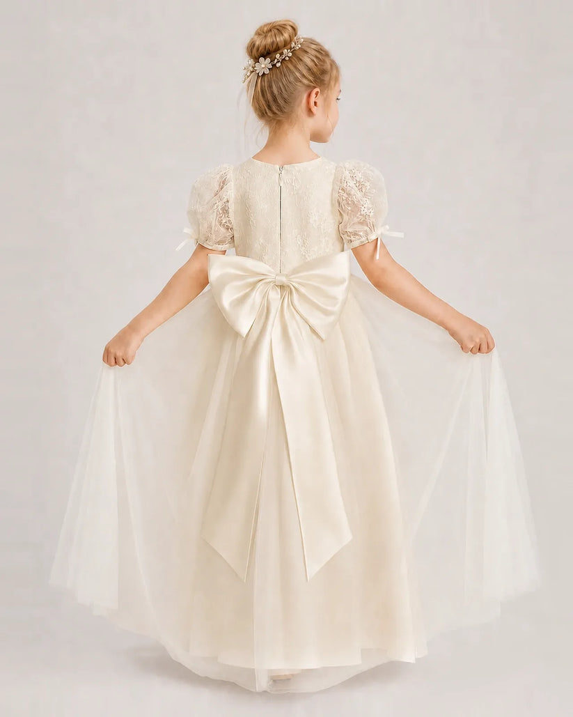 Champagne Tulle A-line First Communion Dress Back View