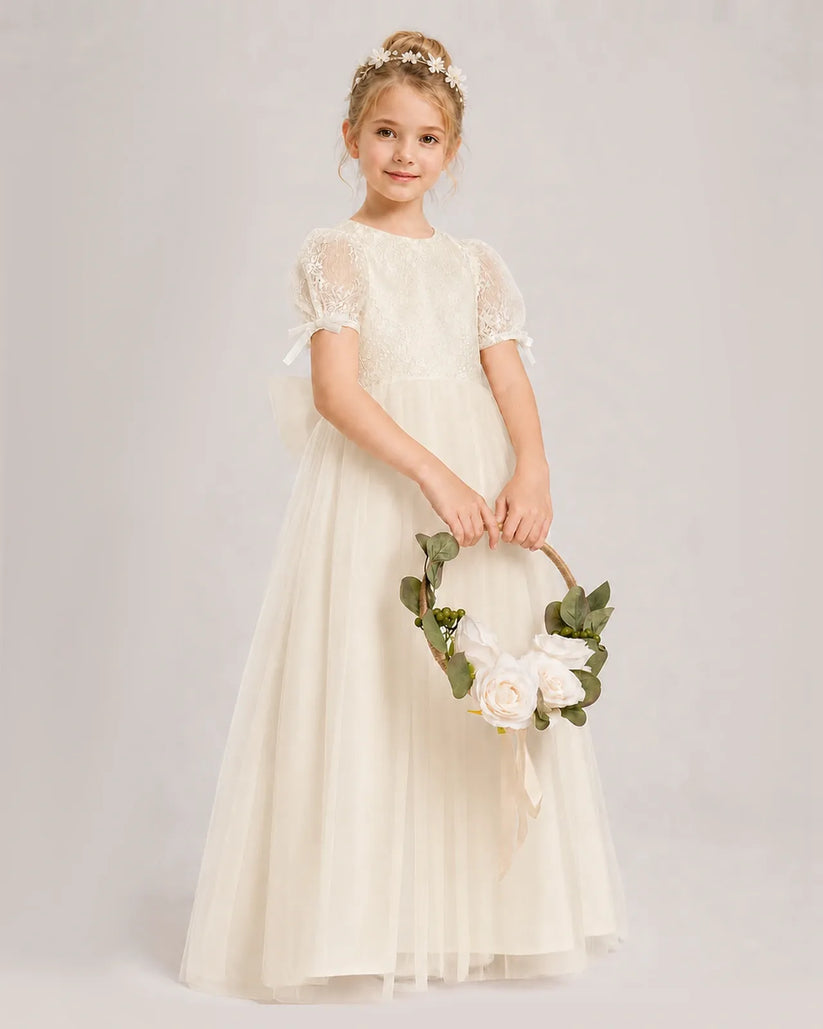 Champagne Lace A-line First Communion Dress Front View