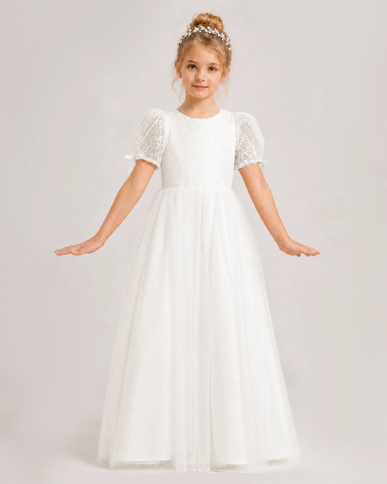 Ivory First Communion Dresses Puff Sleeve Bow Back Tulle Floor-Length Gown Front View