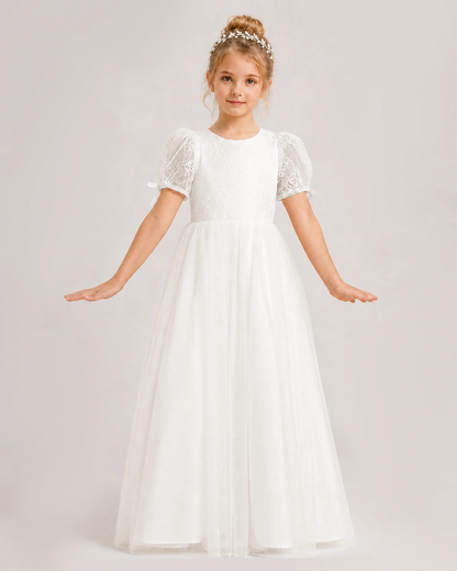Ivory First Communion Dresses Puff Sleeve Bow Back Tulle Floor-Length Gown Front View