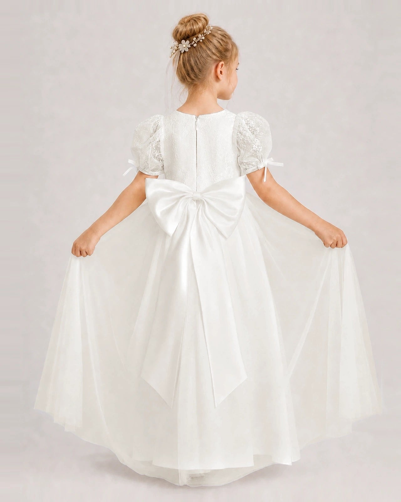 Ivory First Communion Dresses Puff Sleeve Bow Back Tulle Floor-Length Gown Back View