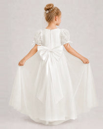 Ivory First Communion Dresses Puff Sleeve Bow Back Tulle Floor-Length Gown Back View