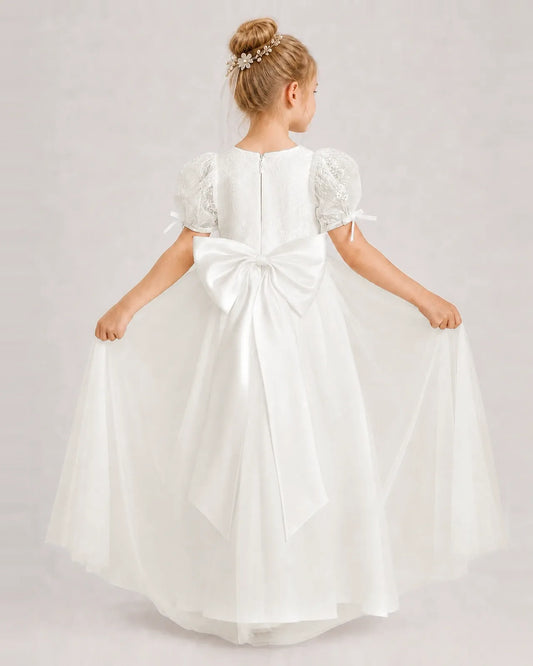 Ivory Lace A-line First Communion Dress Back View