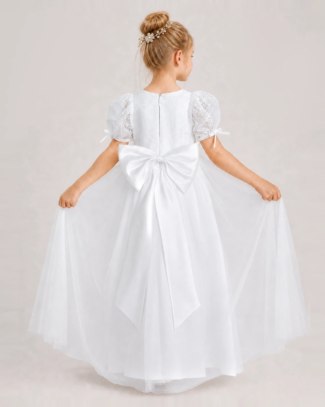 White First Communion Dresses Puff Sleeve Bow Back Tulle Floor-Length Gown Back View