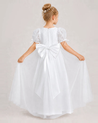 White First Communion Dresses Puff Sleeve Bow Back Tulle Floor-Length Gown Back View