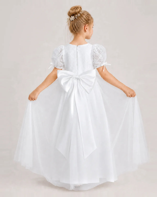 White Tulle A-line First Communion Dress Back View