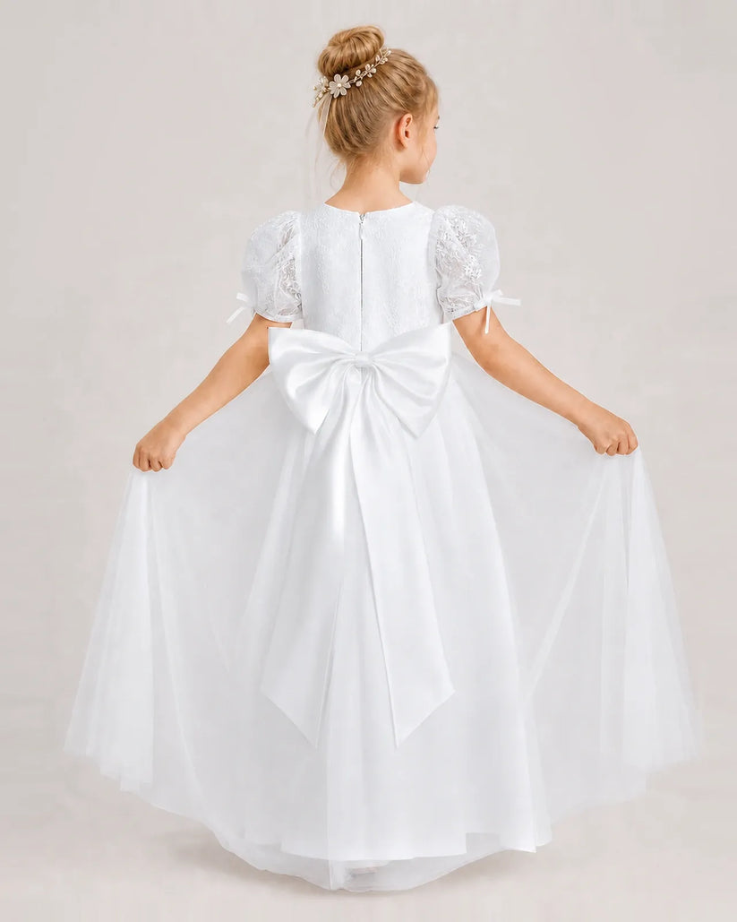 White Tulle A-line First Communion Dress Back View
