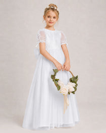 White First Communion Dresses Puff Sleeve Bow Back Tulle Floor-Length Gown Front View