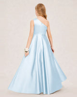 Baby Blue Satin A-line Junior Bridesmaid Dress Back View