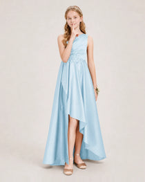 Baby Blue Junior Bridesmaid Dress One-Shoulder Embellished Satin Asymmetrical Gown Front View