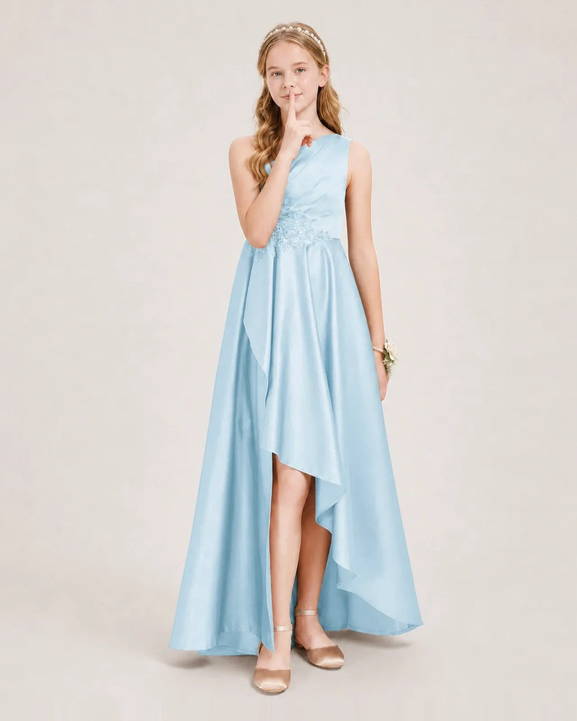 Baby Blue Satin A-line Junior Bridesmaid Dress Front View