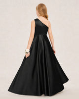 Black Satin A-line Junior Bridesmaid Dress Back View