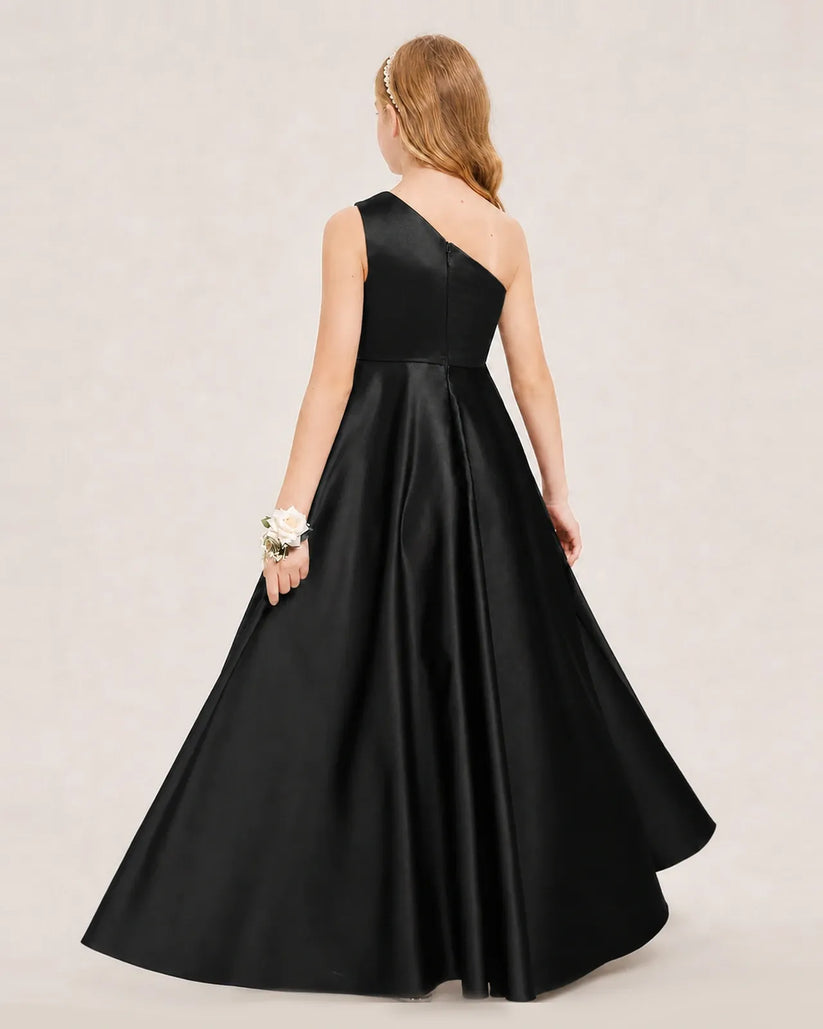 Black Satin A-line Junior Bridesmaid Dress Back View