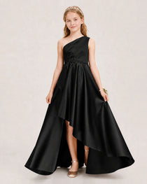 Black Junior Bridesmaid Dress One-Shoulder Embellished Satin Asymmetrical Gown Front View