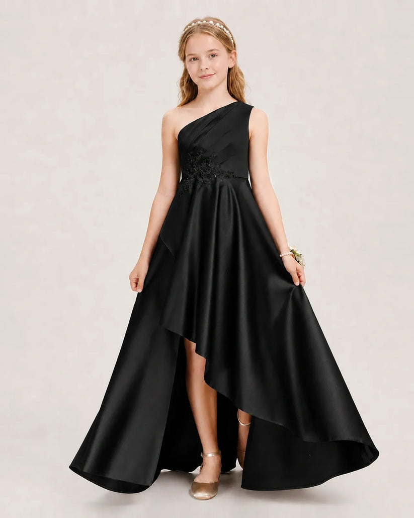 Black Satin A-line Junior Bridesmaid Dress Front View