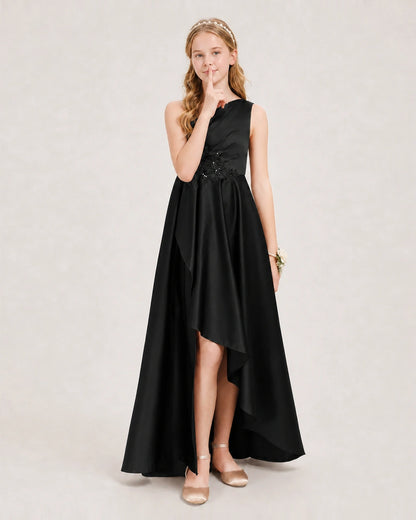 Black Junior Bridesmaid Dress One-Shoulder Embellished Satin Asymmetrical Gown Front View