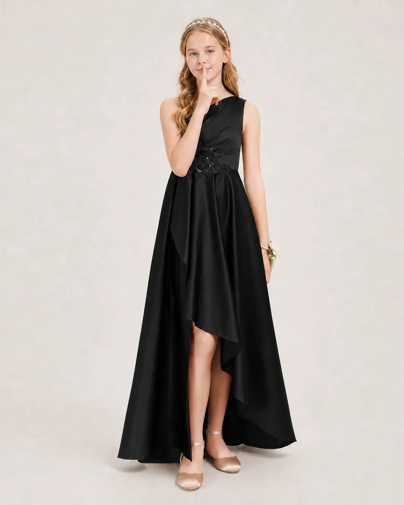 Black Satin A-line Junior Bridesmaid Dress Front View