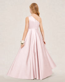 Blush Pink Junior Bridesmaid Dress One-Shoulder Embellished Satin Asymmetrical Gown Back View