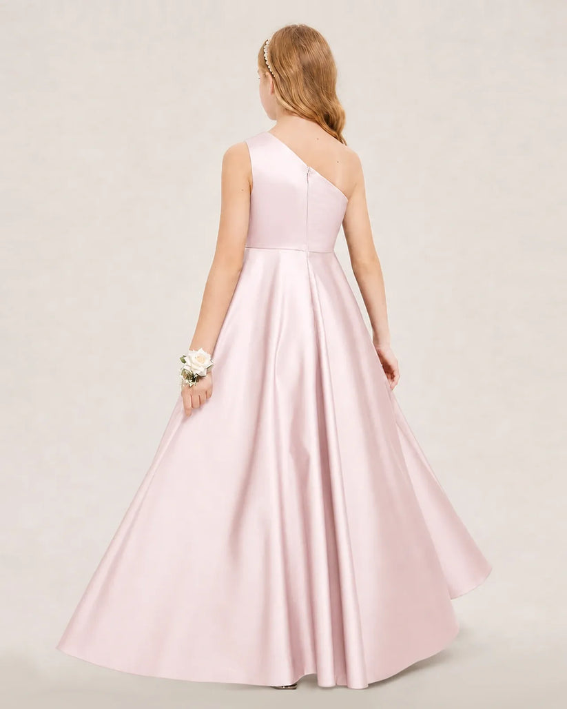 Blush Pink Satin A-line Junior Bridesmaid Dress Back View