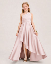 Blush Pink Junior Bridesmaid Dress One-Shoulder Embellished Satin Asymmetrical Gown Front View