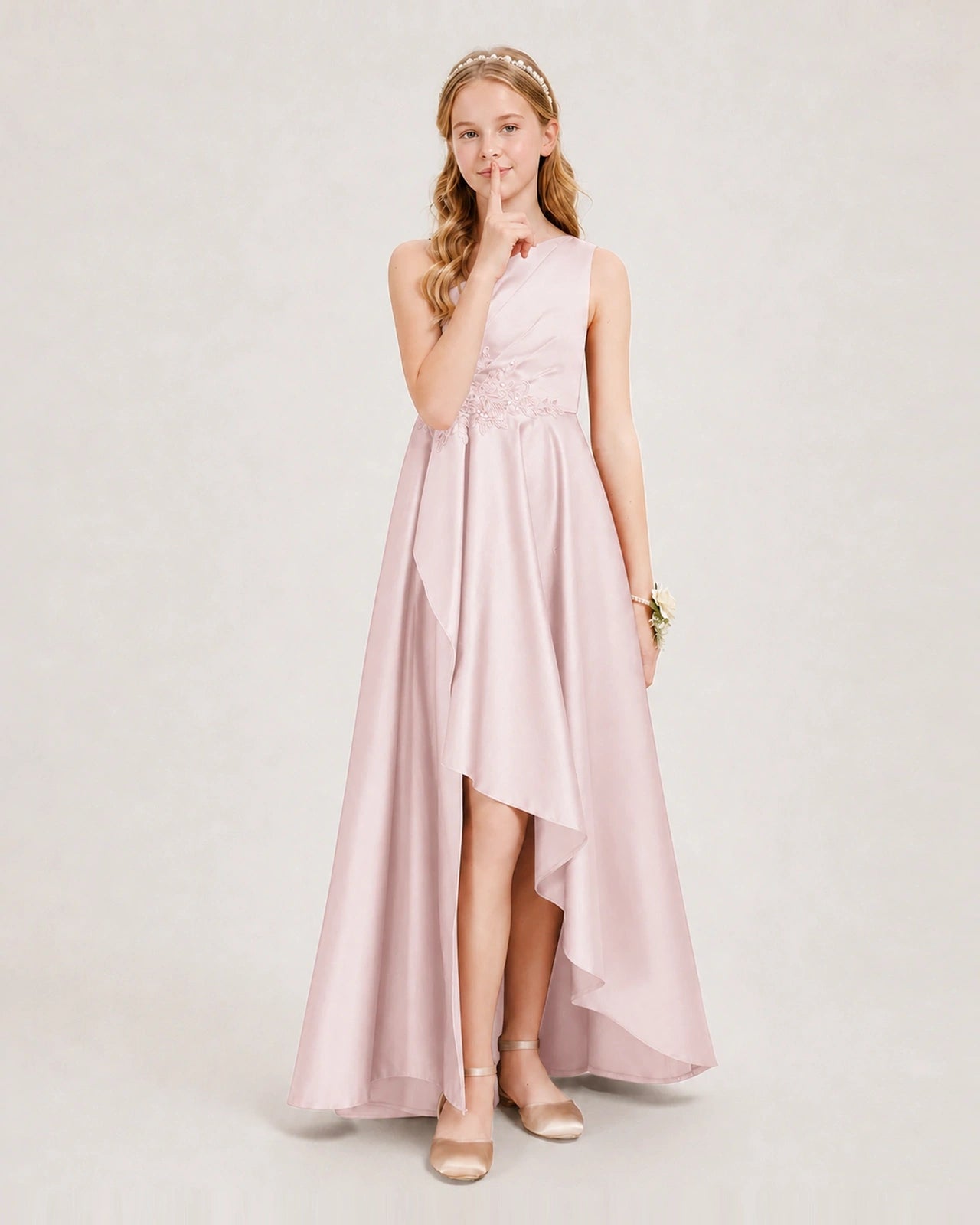 Blush Pink Junior Bridesmaid Dress One-Shoulder Embellished Satin Asymmetrical Gown Front View