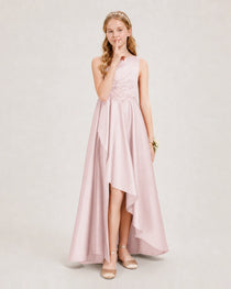 Blush Pink Junior Bridesmaid Dress One-Shoulder Embellished Satin Asymmetrical Gown Front View