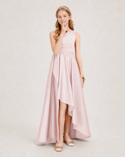 Blush Pink Junior Bridesmaid Dress One-Shoulder Embellished Satin Asymmetrical Gown Front View