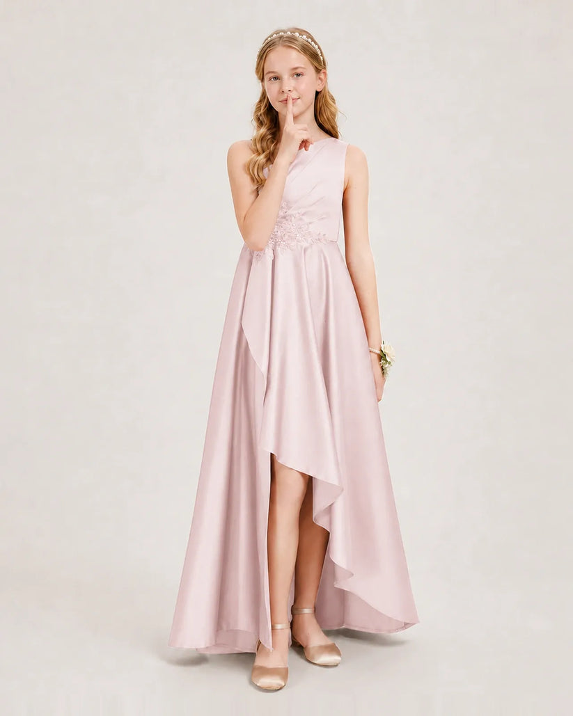 Blush Pink Satin A-line Junior Bridesmaid Dress Front View