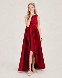 Burgundy Junior Bridesmaid Dress One-Shoulder Embellished Satin Asymmetrical Gown Front View