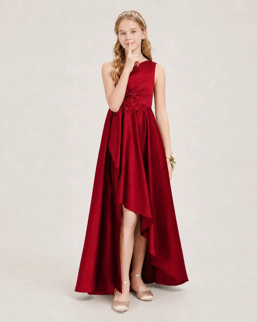 Burgundy Satin A-line Junior Bridesmaid Dress Front View
