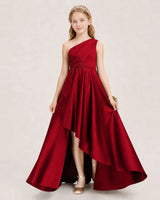 Burgundy Satin A-line Junior Bridesmaid Dress Front View