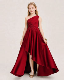 Burgundy Junior Bridesmaid Dress One-Shoulder Embellished Satin Asymmetrical Gown Front View