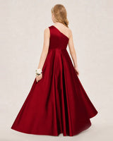 Burgundy Satin A-line Junior Bridesmaid Dress Back View