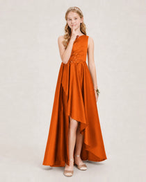 Burnt Orange Junior Bridesmaid Dress One-Shoulder Embellished Satin Asymmetrical Gown Front View