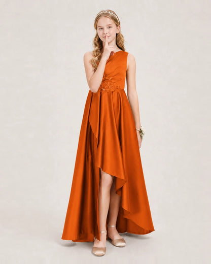 Burnt Orange Junior Bridesmaid Dress One-Shoulder Embellished Satin Asymmetrical Gown Front View