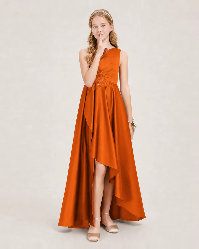 Burnt Orange Satin A-line Junior Bridesmaid Dress Front View
