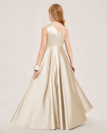 Champagne Junior Bridesmaid Dress One-Shoulder Embellished Satin Asymmetrical Gown Back View