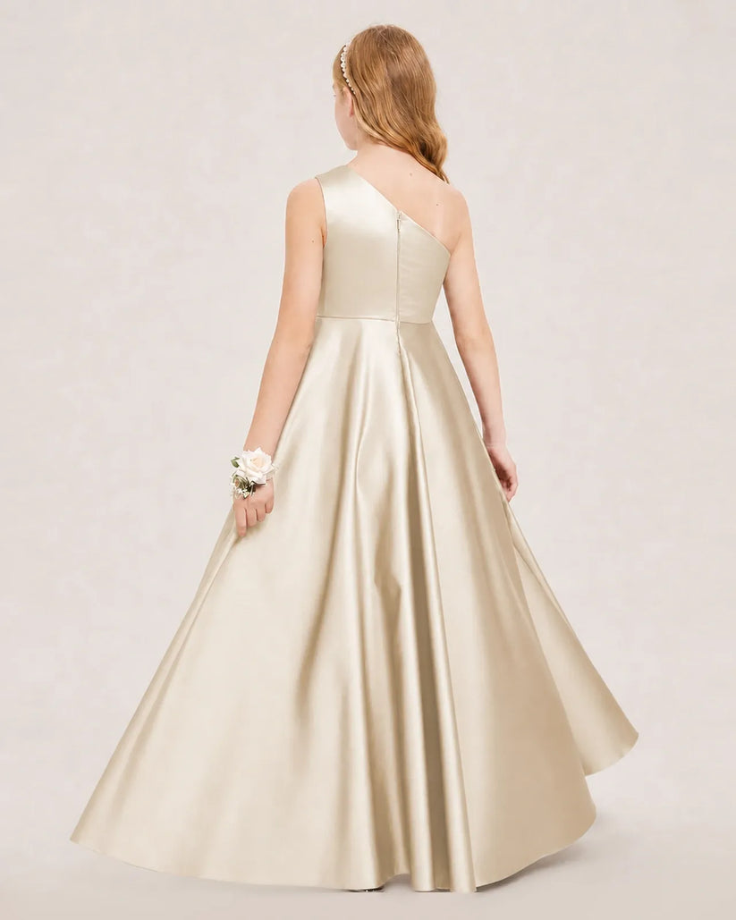 Champagne Satin A-line Junior Bridesmaid Dress Back View