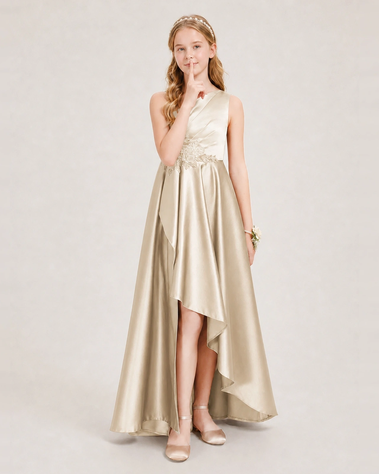 Champagne Junior Bridesmaid Dress One-Shoulder Embellished Satin Asymmetrical Gown Front View