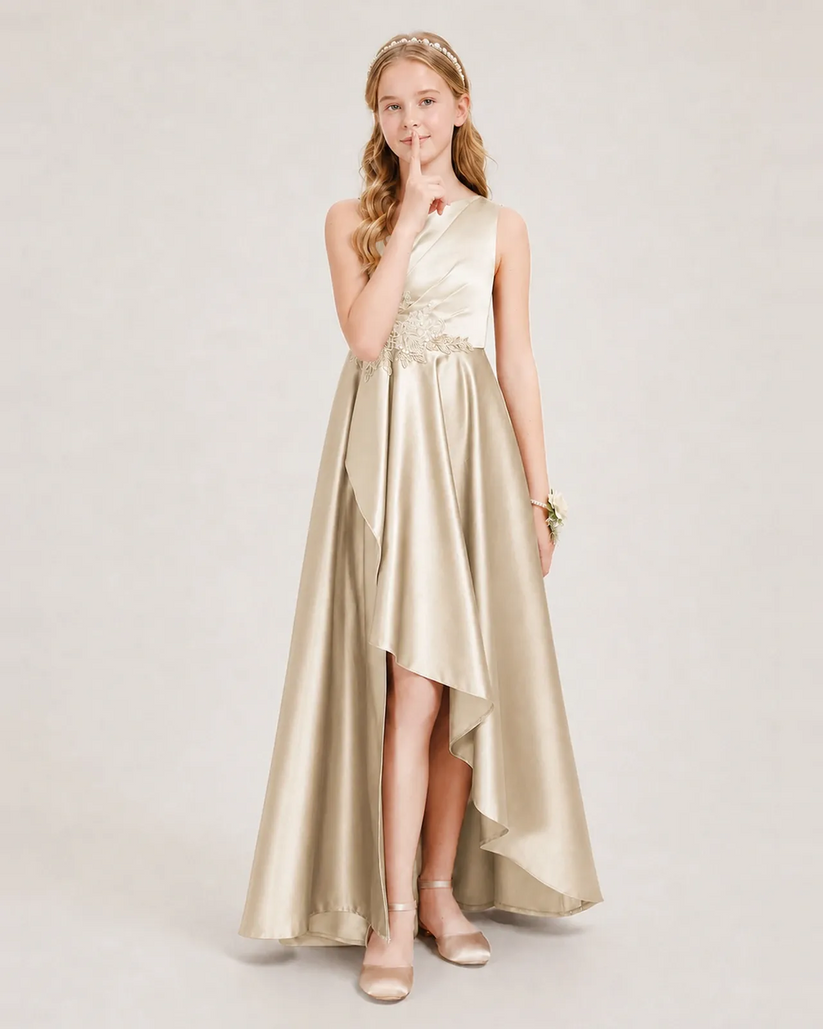 Champagne Satin A-line Junior Bridesmaid Dress Front View