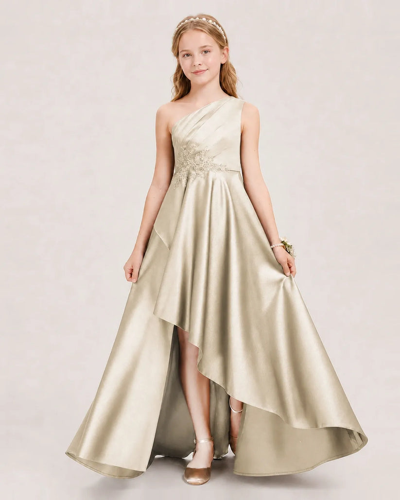 Champagne Satin A-line Junior Bridesmaid Dress Front View