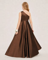 Chocolate Satin A-line Junior Bridesmaid Dress Back View