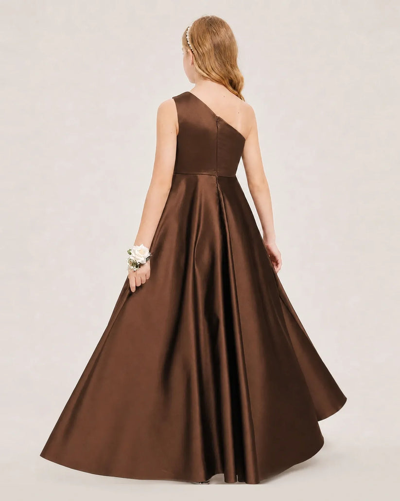 Chocolate Satin A-line Junior Bridesmaid Dress Back View