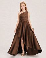 Chocolate Satin A-line Junior Bridesmaid Dress Front View