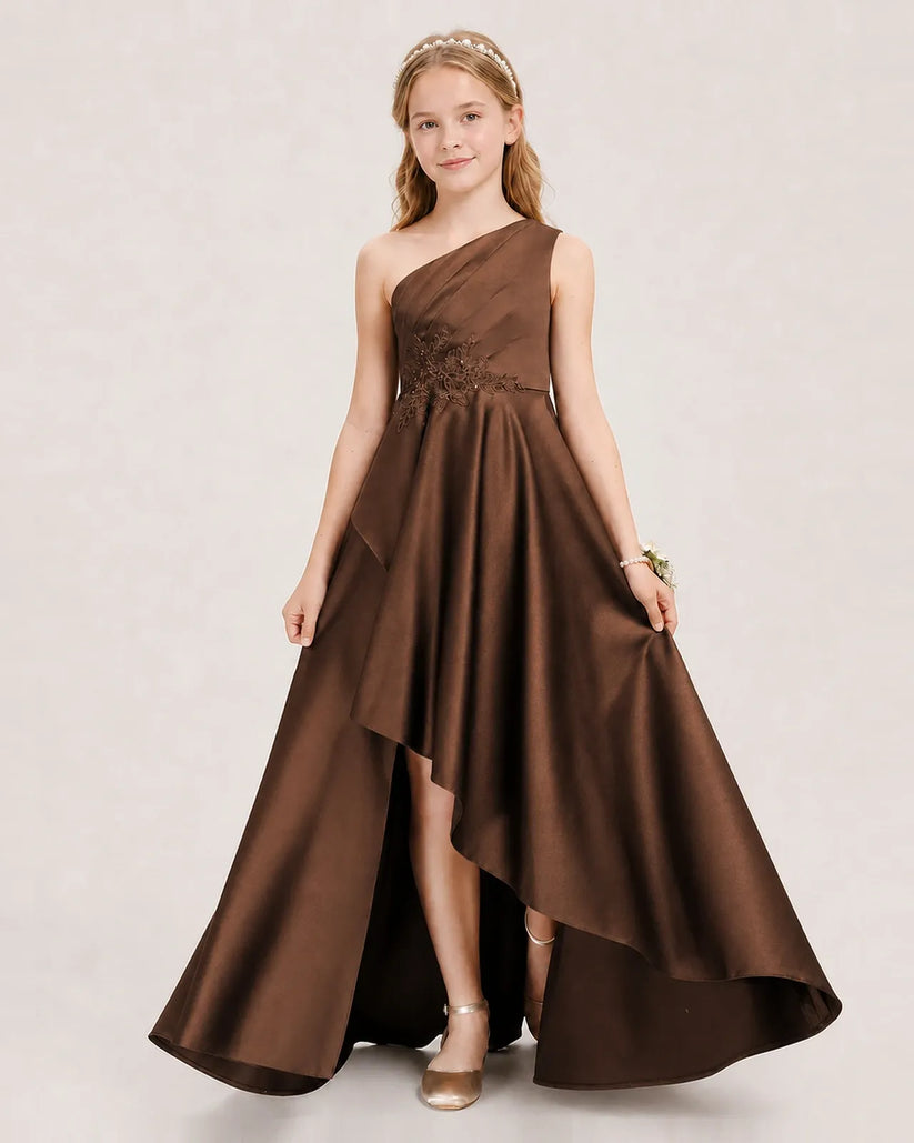 Chocolate Satin A-line Junior Bridesmaid Dress Front View