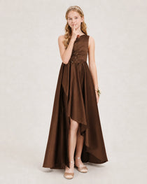 Chocolate Junior Bridesmaid Dress One-Shoulder Embellished Satin Asymmetrical Gown Front View