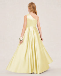 Daffodil Junior Bridesmaid Dress One-Shoulder Embellished Satin Asymmetrical Gown Back View