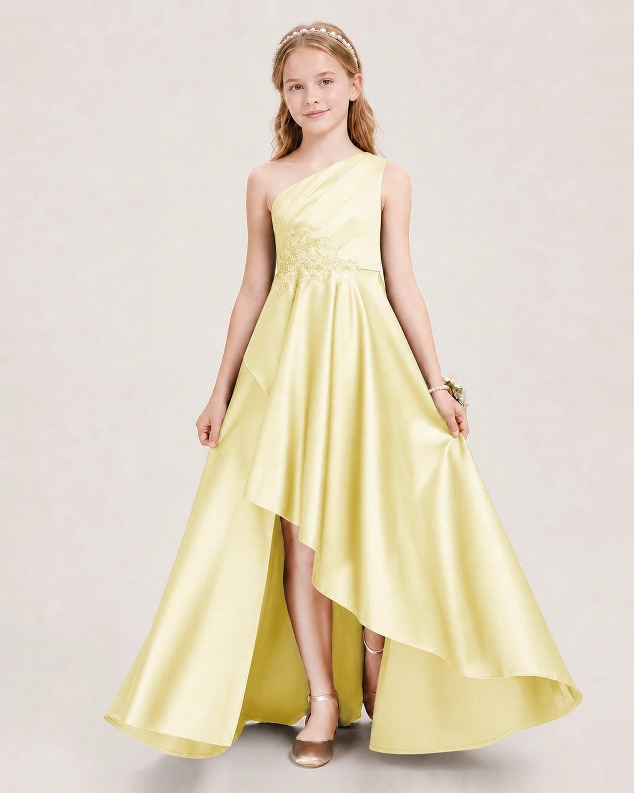 Daffodil Junior Bridesmaid Dress One-Shoulder Embellished Satin Asymmetrical Gown Front View